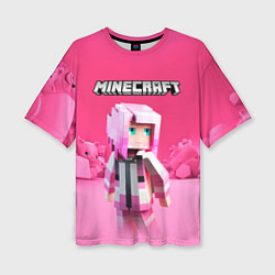 Женская футболка оверсайз Minecraft персонаж розовый фон