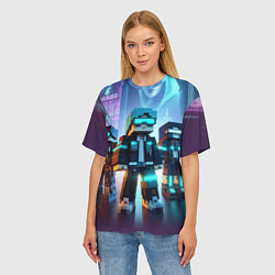 Футболка оверсайз женская Minecraft - neon metropolis ai art, цвет: 3D-принт — фото 2