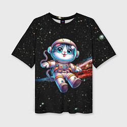 Женская футболка оверсайз Котёнок космонавт в открытом космосе