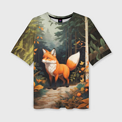 Женская футболка оверсайз Лисёнок на лесной прогулке