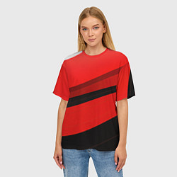 Футболка оверсайз женская Объемные волны абстракции и геометрии черно-красны, цвет: 3D-принт — фото 2