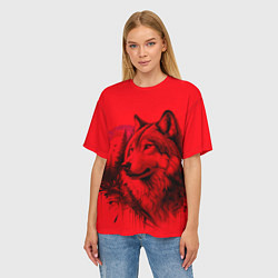 Футболка оверсайз женская Рисунок волка на красном, цвет: 3D-принт — фото 2