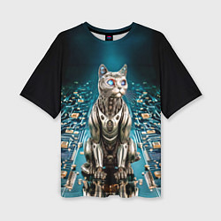 Женская футболка оверсайз Кибер кот сидит на печатной плате
