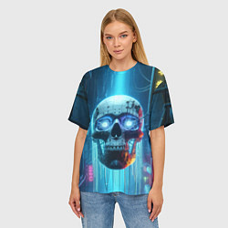 Футболка оверсайз женская Cyber skull - neon glow ai art, цвет: 3D-принт — фото 2