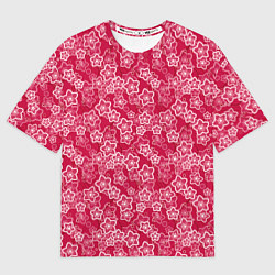 Футболка оверсайз женская Красно-белый цветочный узор ретро, цвет: 3D-принт