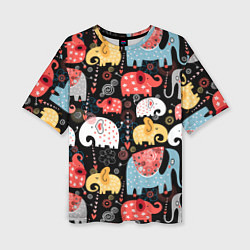 Женская футболка оверсайз Разноцветные слоны узор