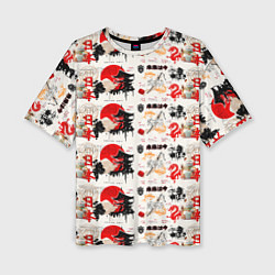Женская футболка оверсайз Японские символы и элементы культуры