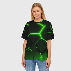 Футболка оверсайз женская Темные зеленые неоновые плиты в разломе, цвет: 3D-принт — фото 2