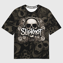 Футболка оверсайз женская Slipknot на фоне черепа в очках и наушниках, цвет: 3D-принт