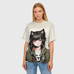 Футболка оверсайз женская Девушка-кошка в болотной толстовке, цвет: 3D-принт — фото 2