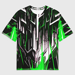 Футболка оверсайз женская Зелёно-белые вертикальные полосы на чёрном фоне, цвет: 3D-принт