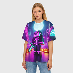 Футболка оверсайз женская Чувак с мечом в неоновом городе - Майнкрафт, цвет: 3D-принт — фото 2