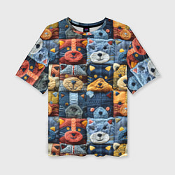 Футболка оверсайз женская Вязанные еноты на пэчворк, цвет: 3D-принт