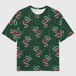 Футболка оверсайз женская Зеленая змея символ 2025 года на красной луне, цвет: 3D-принт