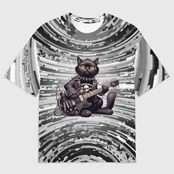 Футболка оверсайз женская Чёрный кот играет на гитаре - нейроарт, цвет: 3D-принт