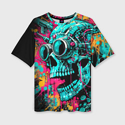 Женская футболка оверсайз Cyber skull sketch - color blots