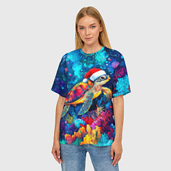 Футболка оверсайз женская Морская черепаха в шапке Санты, цвет: 3D-принт — фото 2