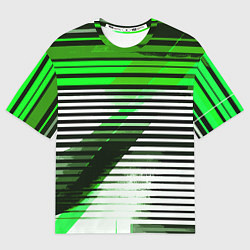 Футболка оверсайз женская Зелёно-чёрные полосы на белом фоне, цвет: 3D-принт
