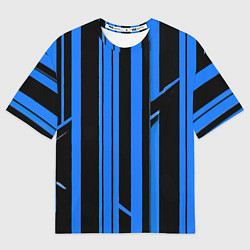 Футболка оверсайз женская Толстые синие полосы на чёрном фоне, цвет: 3D-принт