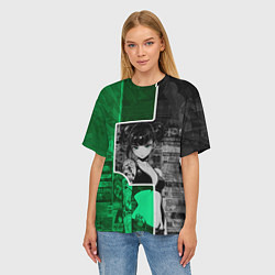 Футболка оверсайз женская Девушка с татуировками в серо-зелёных тонах, цвет: 3D-принт — фото 2