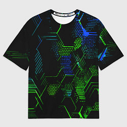 Футболка оверсайз женская Сине-зелёные точки и линии на чёрном фоне, цвет: 3D-принт