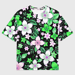 Футболка оверсайз женская Зелёно-белые цветы на чёрном фоне, цвет: 3D-принт
