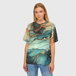 Футболка оверсайз женская Бирюзовый узор с оранжевыми вставками, цвет: 3D-принт — фото 2