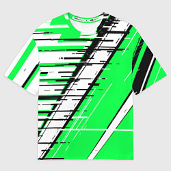Футболка оверсайз женская Чёрно-белые глитч полосы на зелёном фоне, цвет: 3D-принт