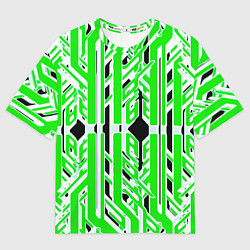 Футболка оверсайз женская Бело-зелёные техно полосы на чёрном фоне, цвет: 3D-принт