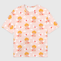 Футболка оверсайз женская Паттерн с милыми купидонами и крылатыми сердечками, цвет: 3D-принт