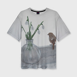 Футболка оверсайз женская Подснежники и птичка, цвет: 3D-принт