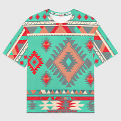 Футболка оверсайз женская Оранжево бирюзовый геометрический узор в стиле ацт, цвет: 3D-принт
