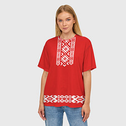 Футболка оверсайз женская Славянский узор на красном - вышиванка рубаха крас, цвет: 3D-принт — фото 2