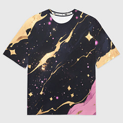 Женская футболка оверсайз Золотые и розовые мазки на черной текстуре