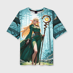 Женская футболка оверсайз Эльфийская ведьма в лесу среди черепов