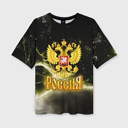 Женская футболка оверсайз Россия - герб на черно-зеленом фоне