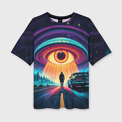Футболка оверсайз женская НЛО в форме глаза и человек на дороге, цвет: 3D-принт