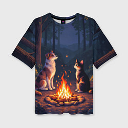 Женская футболка оверсайз Пёс и кот возле костра - пиксель арт