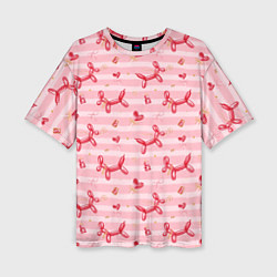 Футболка оверсайз женская Красные шарики-собачки на розовых полосках, цвет: 3D-принт
