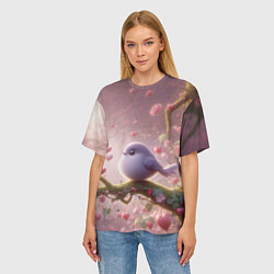Футболка оверсайз женская Маленькая фиолетовая птица с сердечками и цветами, цвет: 3D-принт — фото 2