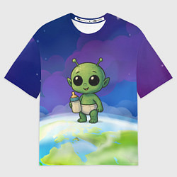 Футболка оверсайз женская Малыш инопланетянин с молоком, цвет: 3D-принт