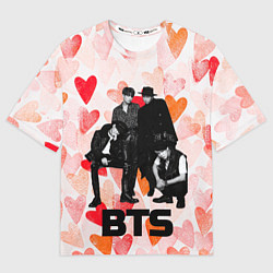 Футболка оверсайз женская BTS на фоне сердечек, цвет: 3D-принт