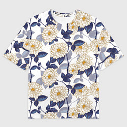 Футболка оверсайз женская Цветы с синими листьями, цвет: 3D-принт