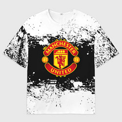 Футболка оверсайз женская Манчестер Юнайтед черно белые краски лого, цвет: 3D-принт