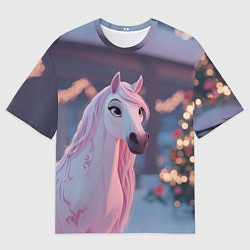 Футболка оверсайз женская Лошадка и новогодняя елка, цвет: 3D-принт