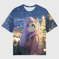 Женская футболка оверсайз Аниме - лошадка в новогодней атмосфере