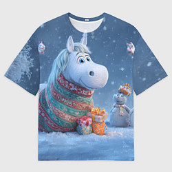 Футболка оверсайз женская Новогодняя лошадь с подарками, цвет: 3D-принт