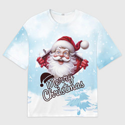 Женская футболка оверсайз Санта в зимнем лесу