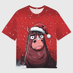 Женская футболка оверсайз Конь в новогодней шапке