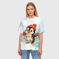 Футболка оверсайз женская Пингвинчик в свете зимних огней, цвет: 3D-принт — фото 2